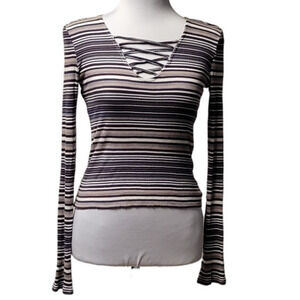 90s Y2K Striped Ribbed Top Lace Up Lightweight‎ Stretch Retro Casual Size M